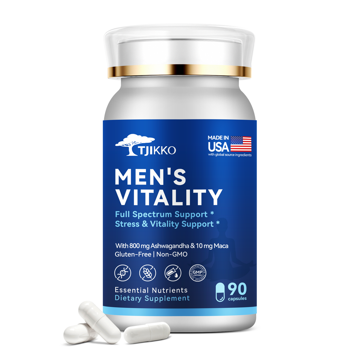 TJIKKO Men’s Vitality Complex – Ashwagandha 800mg, Vitamin B Complex, Maca, L-Theanine – Energy, Stress Support, Testosterone Support, Mood & Focus – 90 Capsules, 30 Day Supply (multivitamin for man)