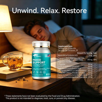 TJIKKO Magnesium Sleep Support Complex – Magnesium Glycinate, GABA 100mg, 5-HTP, L-Theanine – Calm, Relaxation, Stress Relief & Better Sleep – 90 Capsules, 30 Day Supply (Magnesium(90p))