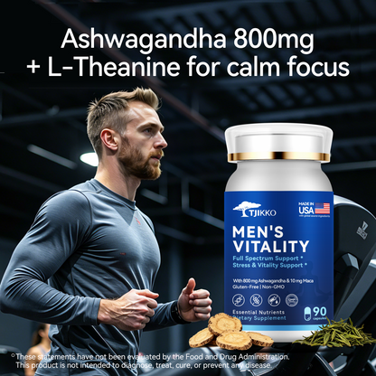 TJIKKO Men’s Vitality Complex – Ashwagandha 800mg, Vitamin B Complex, Maca, L-Theanine – Energy, Stress Support, Testosterone Support, Mood & Focus – 90 Capsules, 30 Day Supply (multivitamin for man)