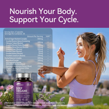 Tjikko Beef Organ Supplement for Women – with Uterus, Ovary, Liver, Kidney, Heart, Bone Marrow & Colostrum – Plus Vitex, Maca, Ashwagandha, Shatavari – Hormone Balance, Cycle Support & Energy – 60 Cap