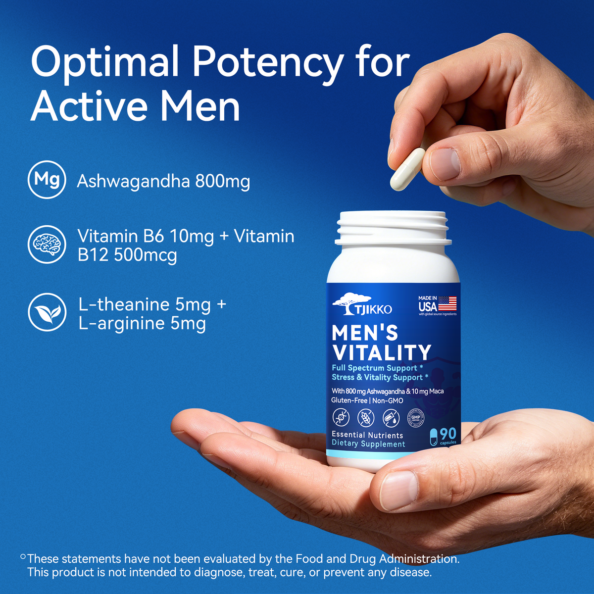 TJIKKO Men’s Vitality Complex – Ashwagandha 800mg, Vitamin B Complex, Maca, L-Theanine – Energy, Stress Support, Testosterone Support, Mood & Focus – 90 Capsules, 30 Day Supply (multivitamin for man)
